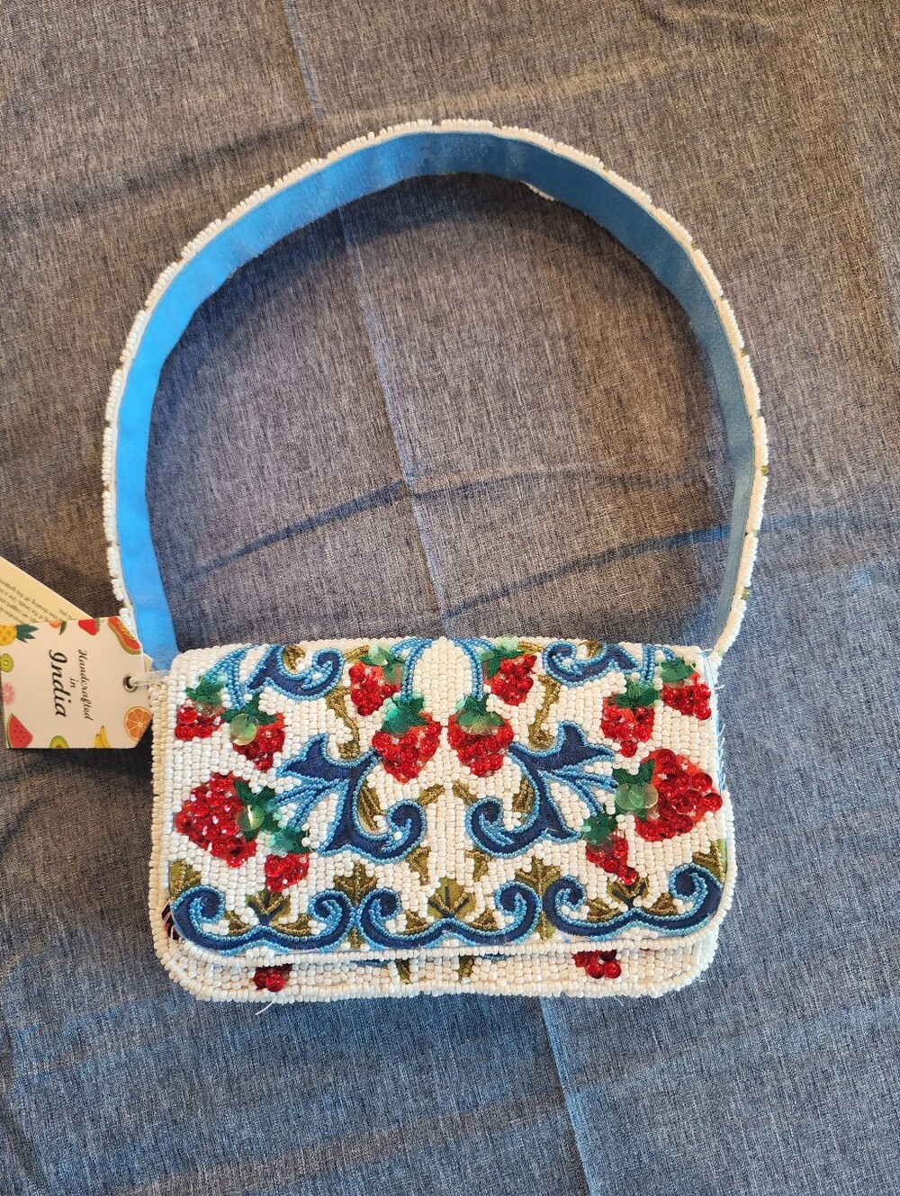 NWT Beaded Strawberry Floral Shoulder Bag - White with Red & Blue Viral